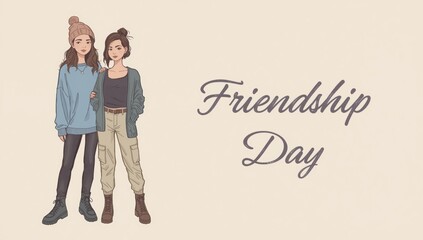 Fototapeta premium Two young female friends standing together with stylish winter clothes for a happy friendship day celebration design