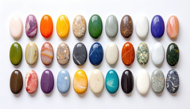 A meticulously arranged collection of small, vibrantly colored, and naturally patterned pebbles sorted by shade.