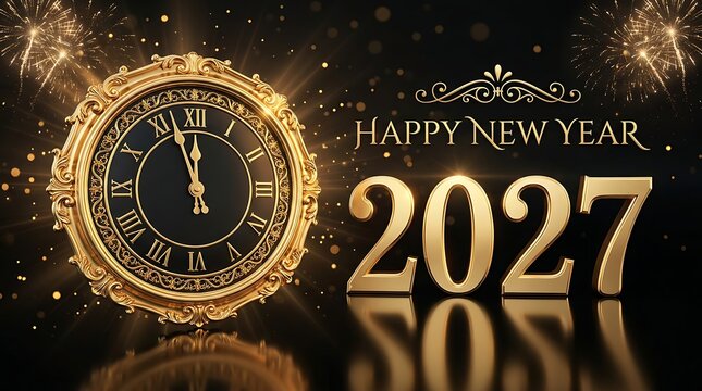 Elegant golden clock with roman numerals showing midnight and happy new year 2027 text against dark festive background with bright sparkling fireworks and lights.