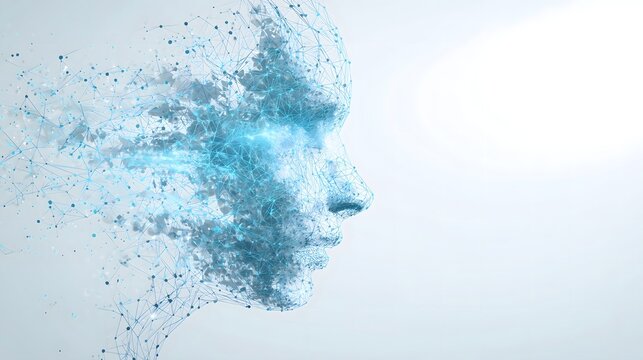 Futuristic AI technology background with abstract digital human face profile