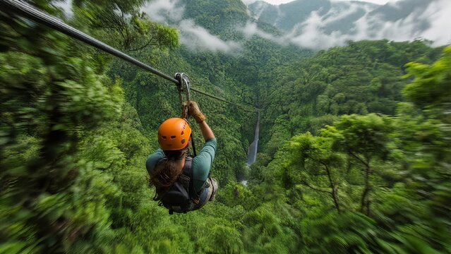 adventurer. Person ziplining through a dense rainforest canopy, view from behind. travel magazines, destination branding, designed for outdoor magazines and nature guides.
