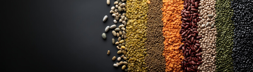 Obraz premium Colorful legume row dry bean lentil pea seed grain vegan food organic protein healthy nutrition background with assorted pulses on black table sustainable eating concept