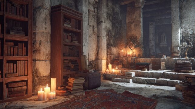 Atmospheric ancient stone chamber illuminated by numerous flickering candles suggests a secret study or arcane repository