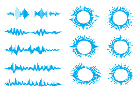 Podcast audio waveform and equalizer bars set, monochrome sound frequency lines and voice recording elements. Geometric equalizer bars, abstract ripple shapes and voice recording graphic elements