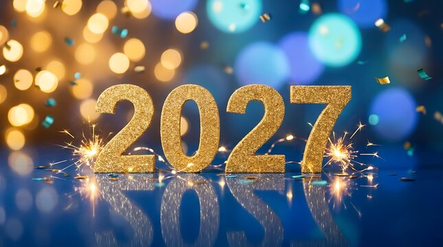 Golden glitter numbers 2027 with sparkling fireworks and bokeh lights celebrating new year, festive background with reflection and confetti.