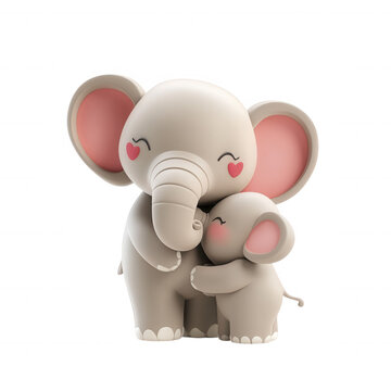 elephants, a mother and baby embracing with love and tenderness. Cute and cuddly transparent background, 3d