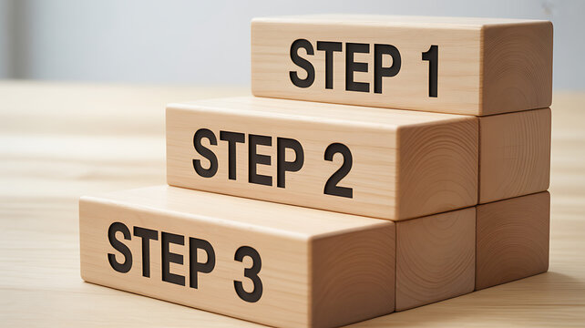 Stacked wooden blocks with step numbers, light wood table and gray background, stacked blocks step 1