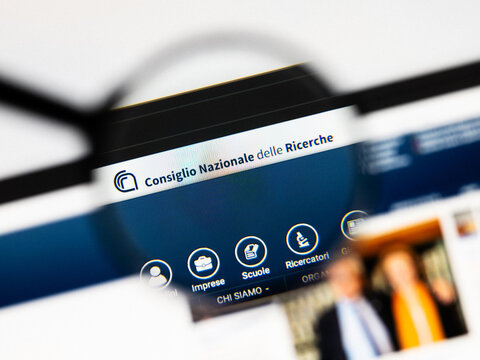 Milan, Italy 2026, 20 Apr Closeup of CNR website on a laptop screen. CNR logo under a magnifying glass.