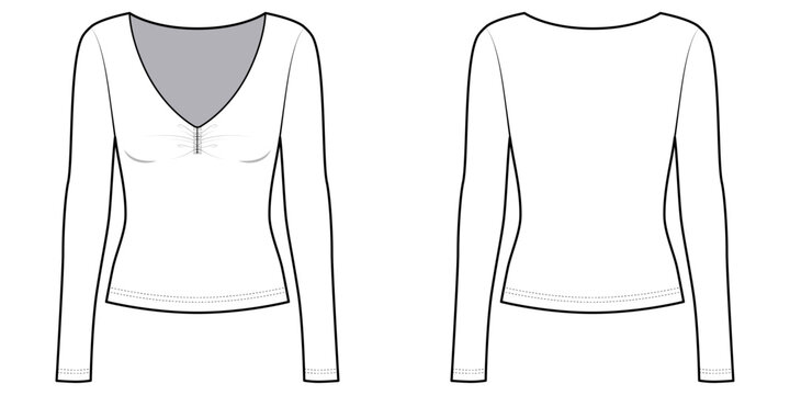 Women's Long Sleeve Deep V-Neck Ruched Bust Slim-Fit Knit Top