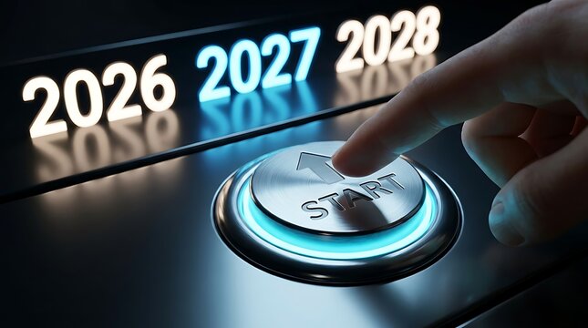 Starting new year 2027 business concept with illuminated button technology start button.