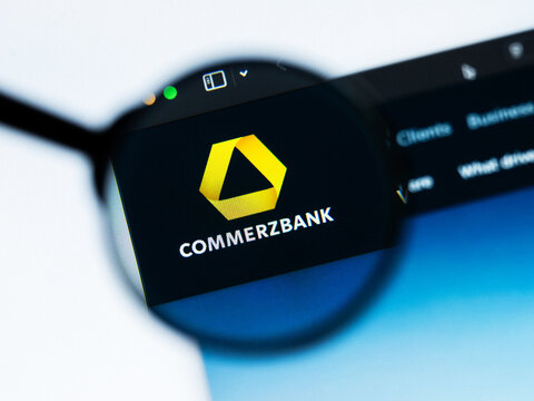 Milan, Italy 2026, 20 Apr Closeup of Commerzbank website on a laptop screen. Commerzbank logo under a magnifying glass.