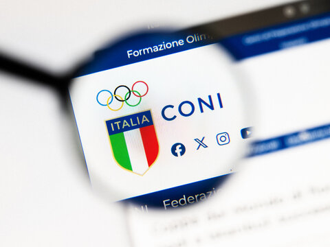 Milan, Italy 2026, 20 Apr Closeup of CONI website on a laptop screen. CONI logo under a magnifying glass.