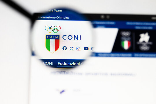 Milan, Italy 2026, 20 Apr Closeup of CONI website on a laptop screen. CONI logo under a magnifying glass.