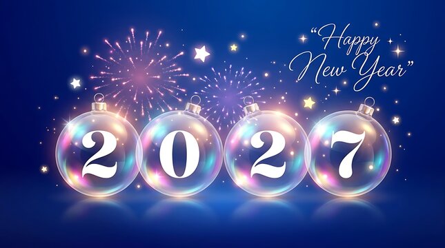 Happy New Year 2027 text with sparkling fireworks and glowing ornaments on blue background, festive greeting.