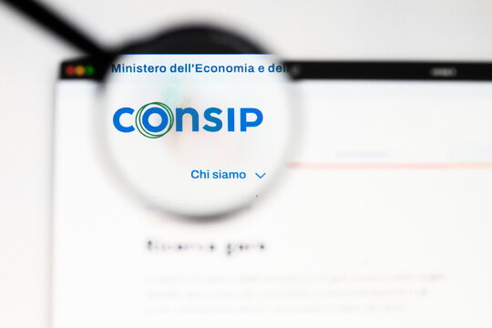 Milan, Italy 2026, 20 Apr Closeup of CONSIP website on a laptop screen. CONSIP logo under a magnifying glass.