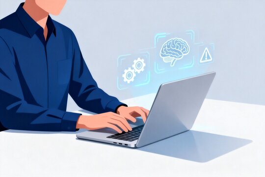 Person working on laptop with digital brain and icons