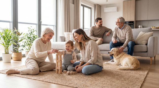Happy multigenerational family spending quality time together at home, three generations including grandparents, parents and child enjoying playtime in a modern living room