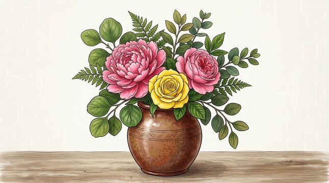 Beautiful bouquet of pink and yellow roses in a brown vase on table