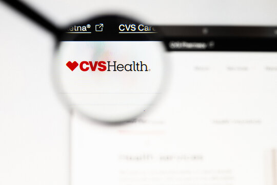 Milan, Italy 2026, 20 Apr Closeup of CVS Health website on a laptop screen. CVS Health logo under a magnifying glass.