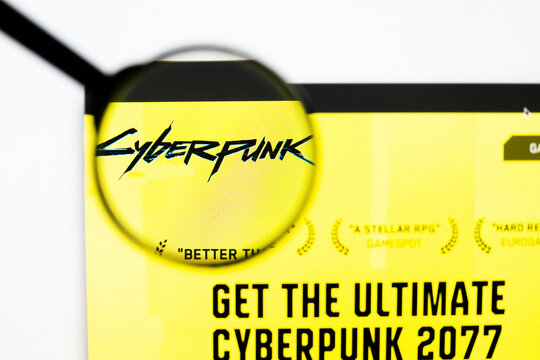 Milan, Italy 2026, 20 Apr Closeup of Cyberpunk 2077 website on a laptop screen. Cyberpunk 2077 logo under a magnifying glass.