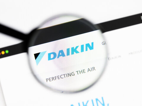 Milan, Italy 2026, 20 Apr Closeup of Daikin Industries website on a laptop screen. Daikin Industries logo under a magnifying glass.