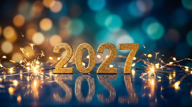Golden glitter numbers 2027 with sparklers and bokeh lights on a dark blue reflective surface celebrating New Year party.