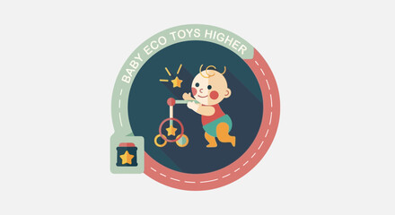 Fototapeta premium Cute baby riding a toy scooter with stars.