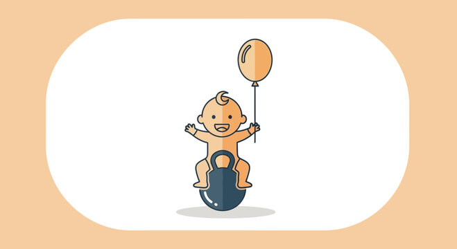Happy baby riding a hopper toy holding a balloon.