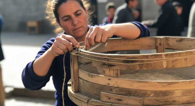 Skillful Hands Crafting a Traditional Wooden Sieve