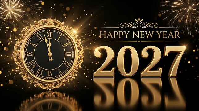 Vintage clock shows almost midnight next to golden 2027 numbers and fireworks, luxurious happy new year celebration on black background with bokeh.