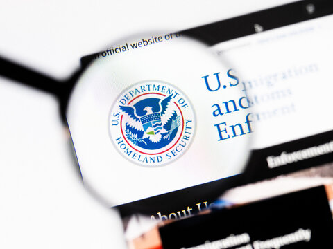 Milan, Italy 2026, 20 Apr Closeup of Department of Homeland Security website on a laptop screen. Department of Homeland Security logo under a magnifying glass.