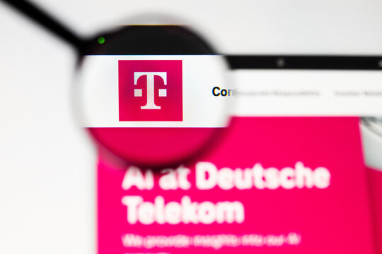 Milan, Italy 2026, 20 Apr Closeup of Deutsche Telekom website on a laptop screen. Deutsche Telekom logo under a magnifying glass.