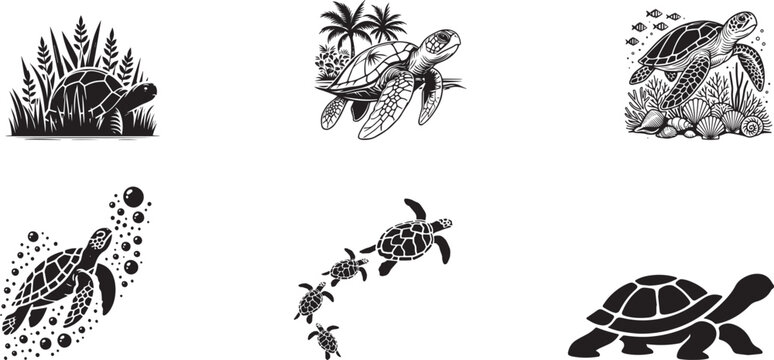 Turtle icons, sea turtle illustrations, ocean animal graphics, black and white vector set