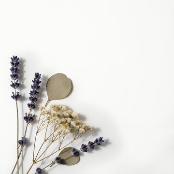 Flat Lay Top-Down View of Dried Herbs and Botanicals Arranged in the Bottom-Left Corner with Ample White Copy Space