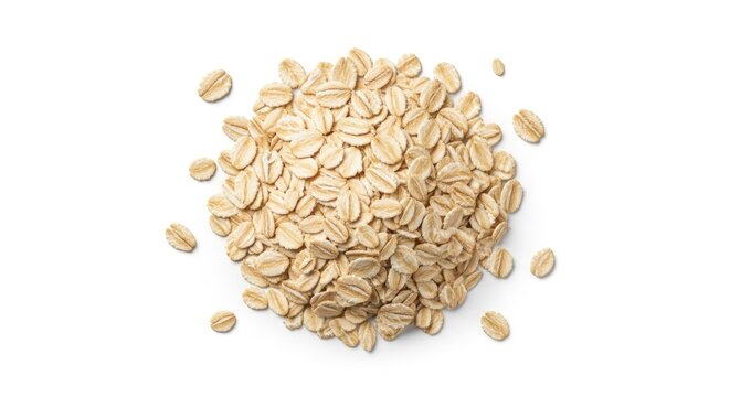 A pile of whole oat grains is arranged on a white surface. The oats are scattered around, creating a circular pattern.