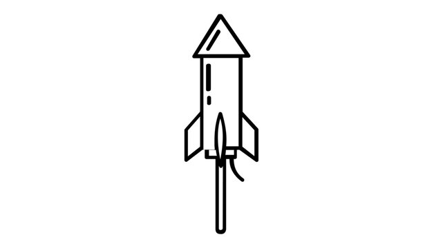 Minimalist vector icon illustration of a classic bottle rocket with a wooden stick for celebration and events, featuring a clean line art style isolated on a white background for graphic design.