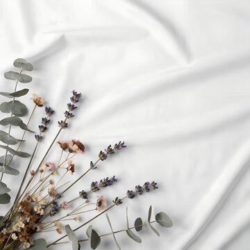 Flat Lay Top Down View of Dried Herbs and Botanica on Elegant White Silk Fabric Background with Copy Space