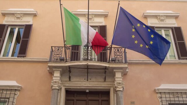 Italian and European Union Flags on Historic Building in Rome Italy Shot with Cinema Camera