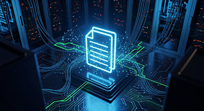 Digital document icon floating above a server processor in a hightech data center, representing cloud storage, data management, and information technology infrastructure