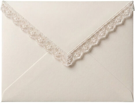 Closed ivory envelope with elegant floral lace trim isolated on a black background, premium wedding stationery mockup element.