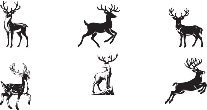 Deer, Reindeer, Antlers, Black, Icons, Vector Graphics, Wildlife, Animals, 6 pcs