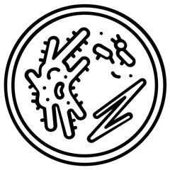 Fototapeta premium Professional round glass petri dish vector icon illustration for laboratory experiments, microbiology samples, and clinical research, featuring a simple flat line art design on white background.