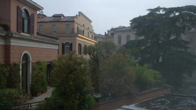 Garden Courtyard Between Historic Buildings in Rome Italy Summer Shot with Cinema Camera