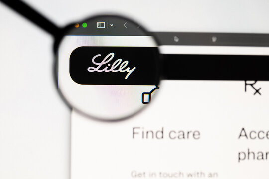 Milan, Italy 2026, 20 Apr Closeup of Eli Lilly website on a laptop screen. Eli Lilly logo under a magnifying glass.