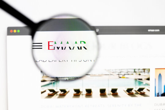 Milan, Italy 2026, 20 Apr Closeup of Emaar Properties website on a laptop screen. Emaar Properties logo under a magnifying glass.
