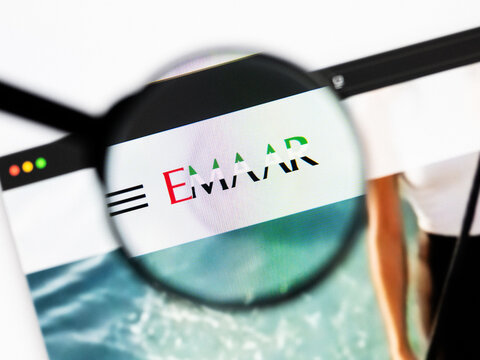 Milan, Italy 2026, 20 Apr Closeup of Emaar Properties website on a laptop screen. Emaar Properties logo under a magnifying glass.