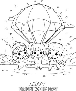 Three cartoon children sharing a parachute together happily.