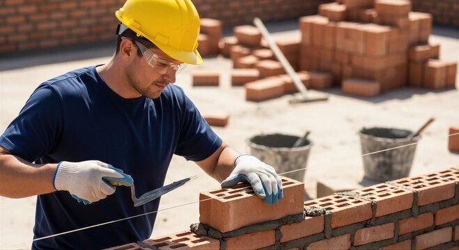 Man bricklayer building red brick wall at construction site. Professional mason using masonry trowel to lay clay block. Industrial worker wearing yellow safety helmet and eye protection.