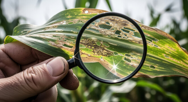 Agricultural Expert Examining Damaged Corn Leaf with Magnifying Glass for Pests or Disease