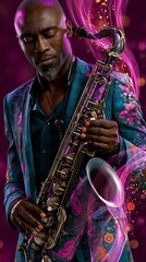Fototapeta premium A soulful musician plays a saxophone with closed eyes against a vibrant, glowing background of pink and purple energy.